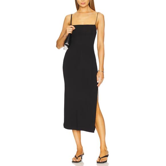 ENZA COSTA Strappy Side Slit Dress Womens Medium Black Midi Spaghetti Strap NEW - Picture 1 of 16